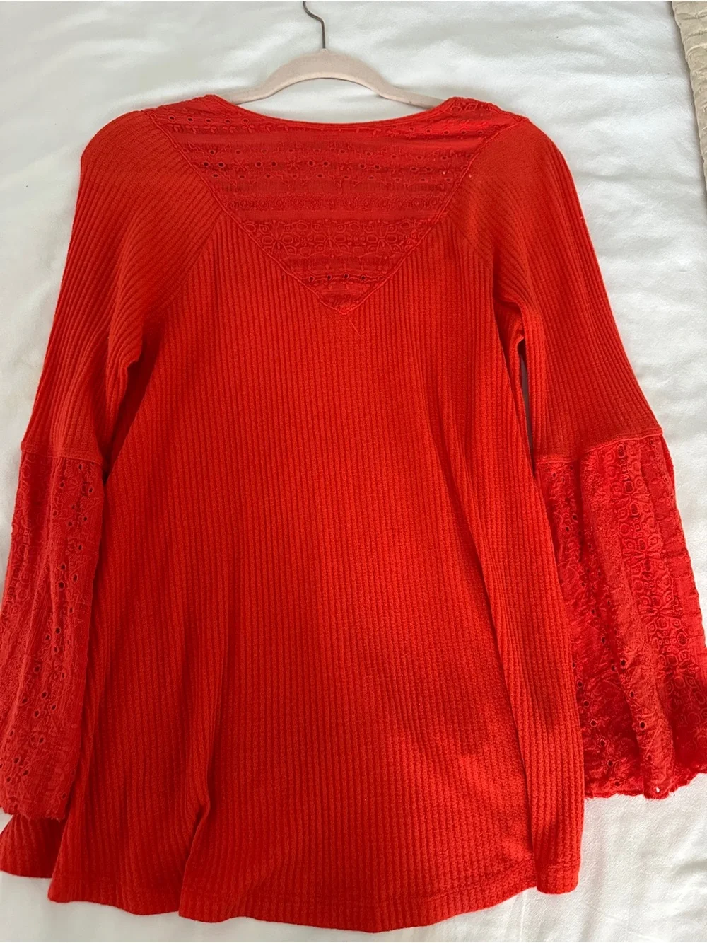Free People Red/Orange  Lace-Trim V-Neck Bell Sleeve Tunic